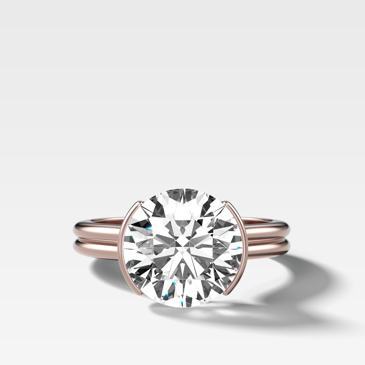 Double Row Half Bezel Solitaire Engagement Ring With Round Cut Diamond - GOODSTONE