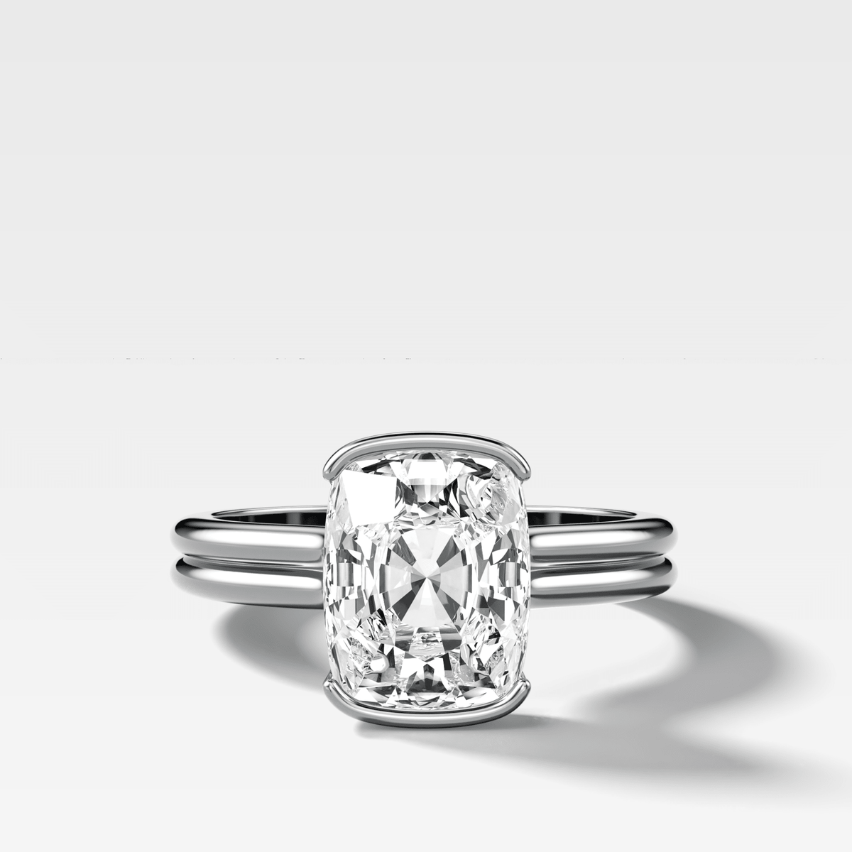 Double Row North South Half Bezel Solitaire Engagement Ring With Cushion Cut Diamond - GOODSTONE
