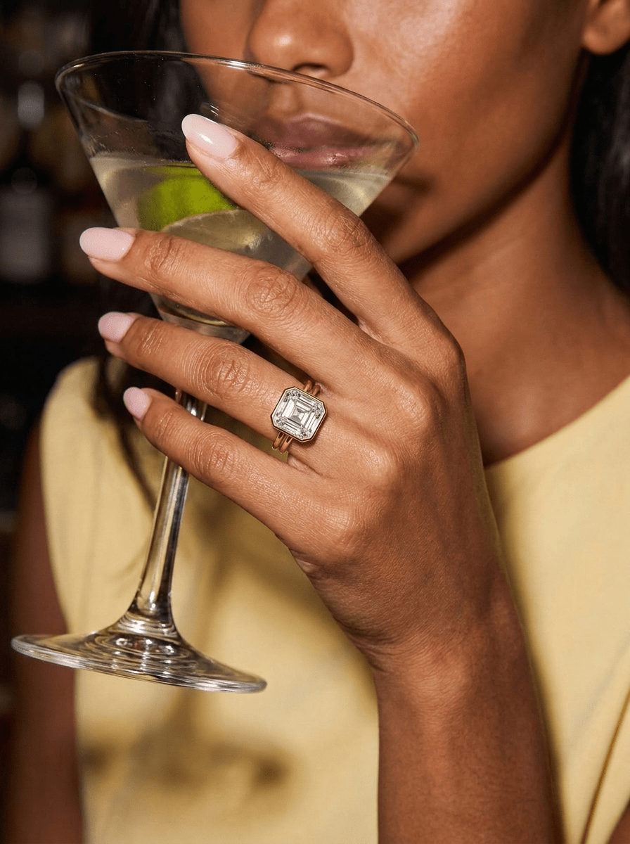 Double Row Penumbra Bezel Engagement Ring With Asscher Cut Diamond - GOODSTONE