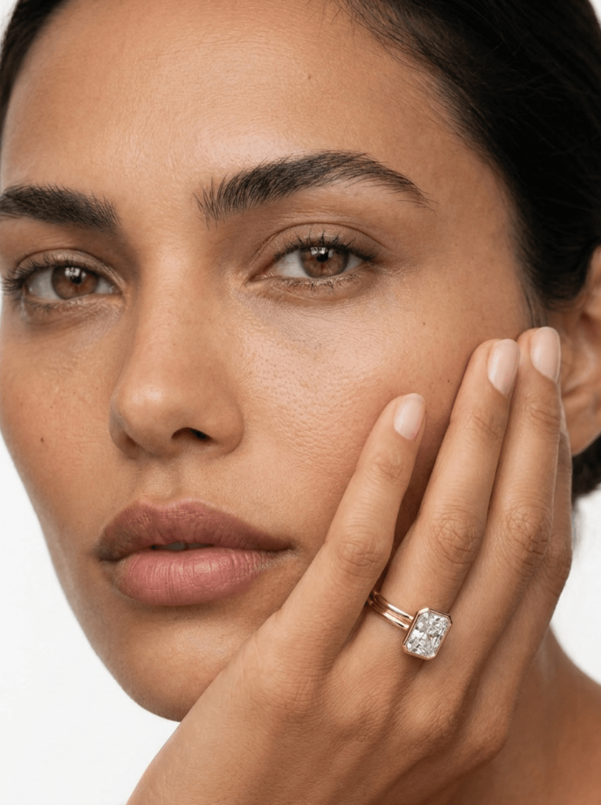 Double Row Penumbra Bezel Engagement Ring With Elongated Radiant Cut Diamond - GOODSTONE