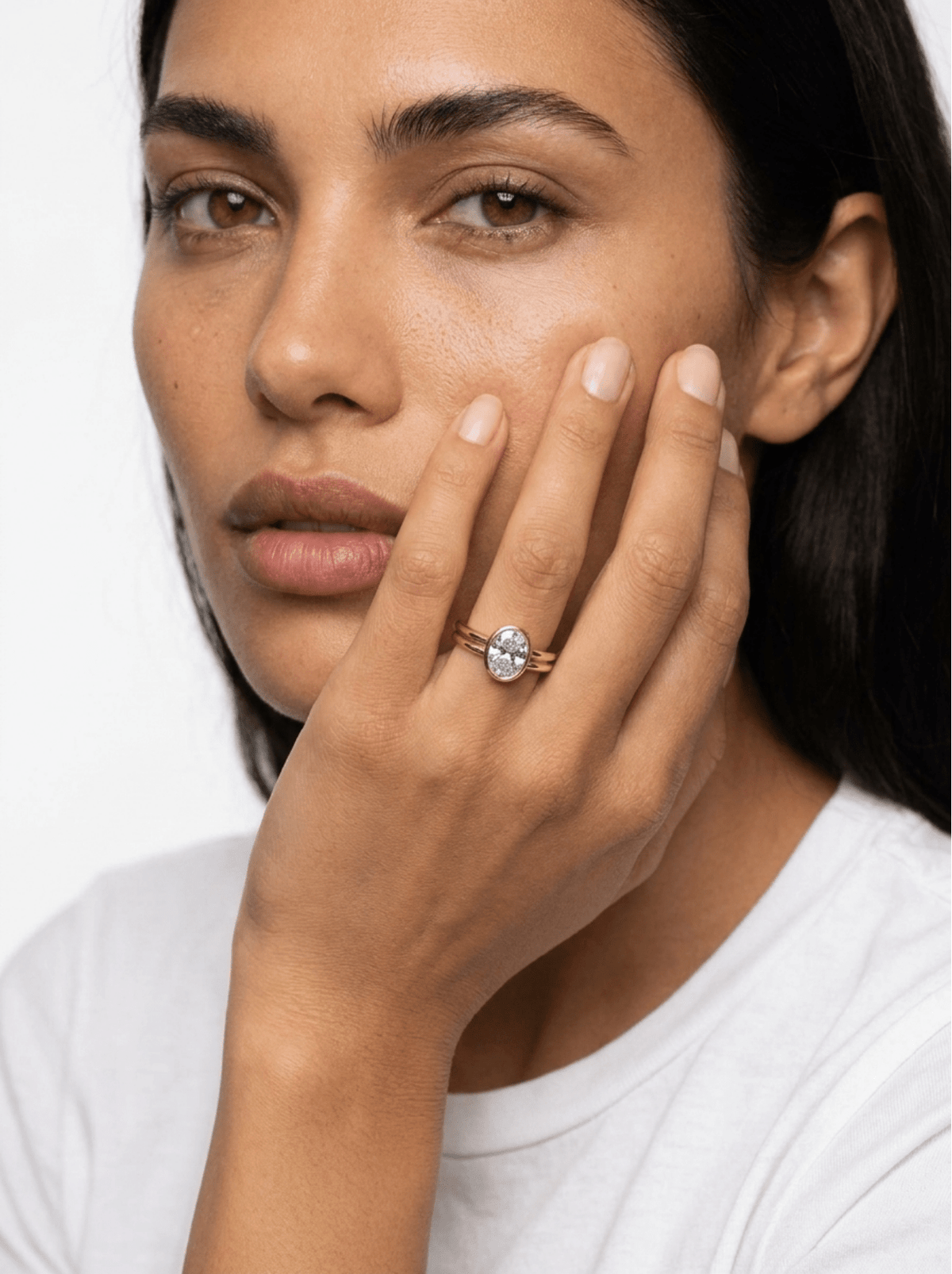 Double Row Penumbra Bezel Engagement Ring With Oval Cut Diamond - GOODSTONE