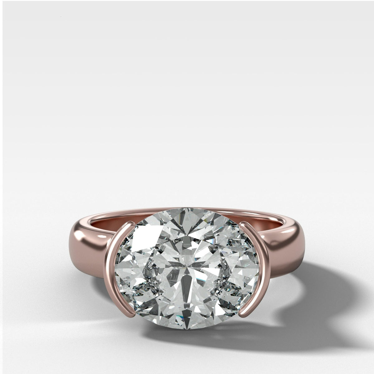 East West Half Bezel 4mm Solitaire Engagement Ring With Oval Cut Diamond - GOODSTONE