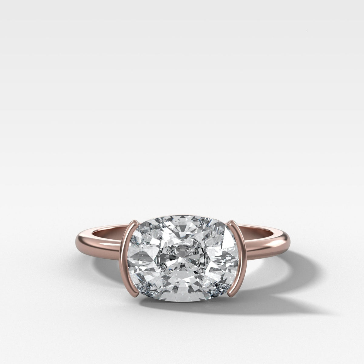 East West Half Bezel Solitaire Engagement Ring With Elongated Cushion Cut Diamond - GOODSTONE