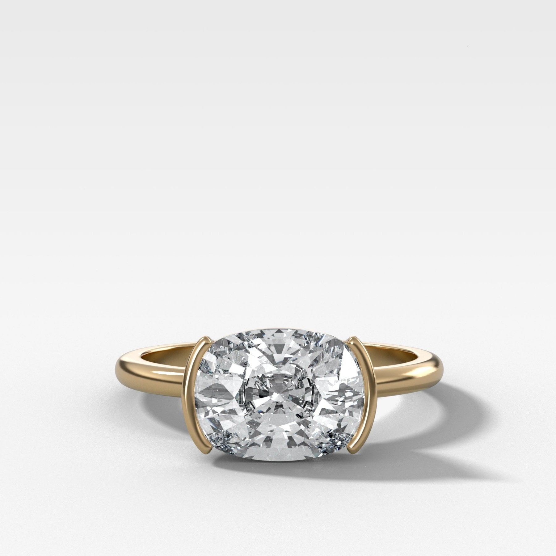 East West Half Bezel Solitaire Engagement Ring With Elongated Cushion Cut Diamond - GOODSTONE