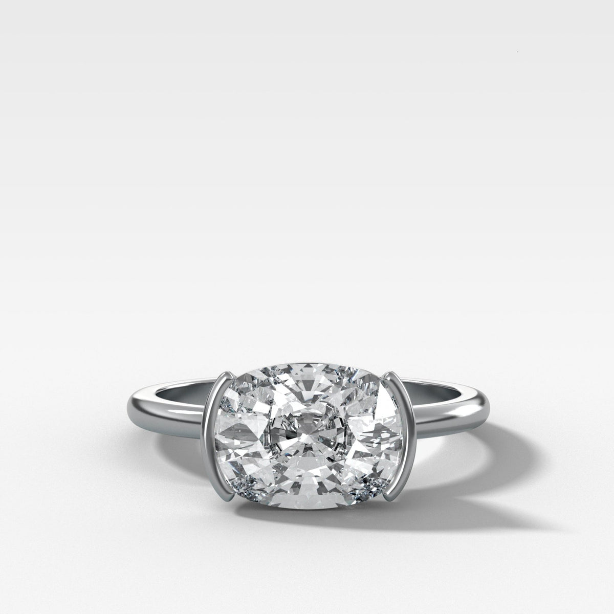 East West Half Bezel Solitaire Engagement Ring With Elongated Cushion Cut Diamond - GOODSTONE