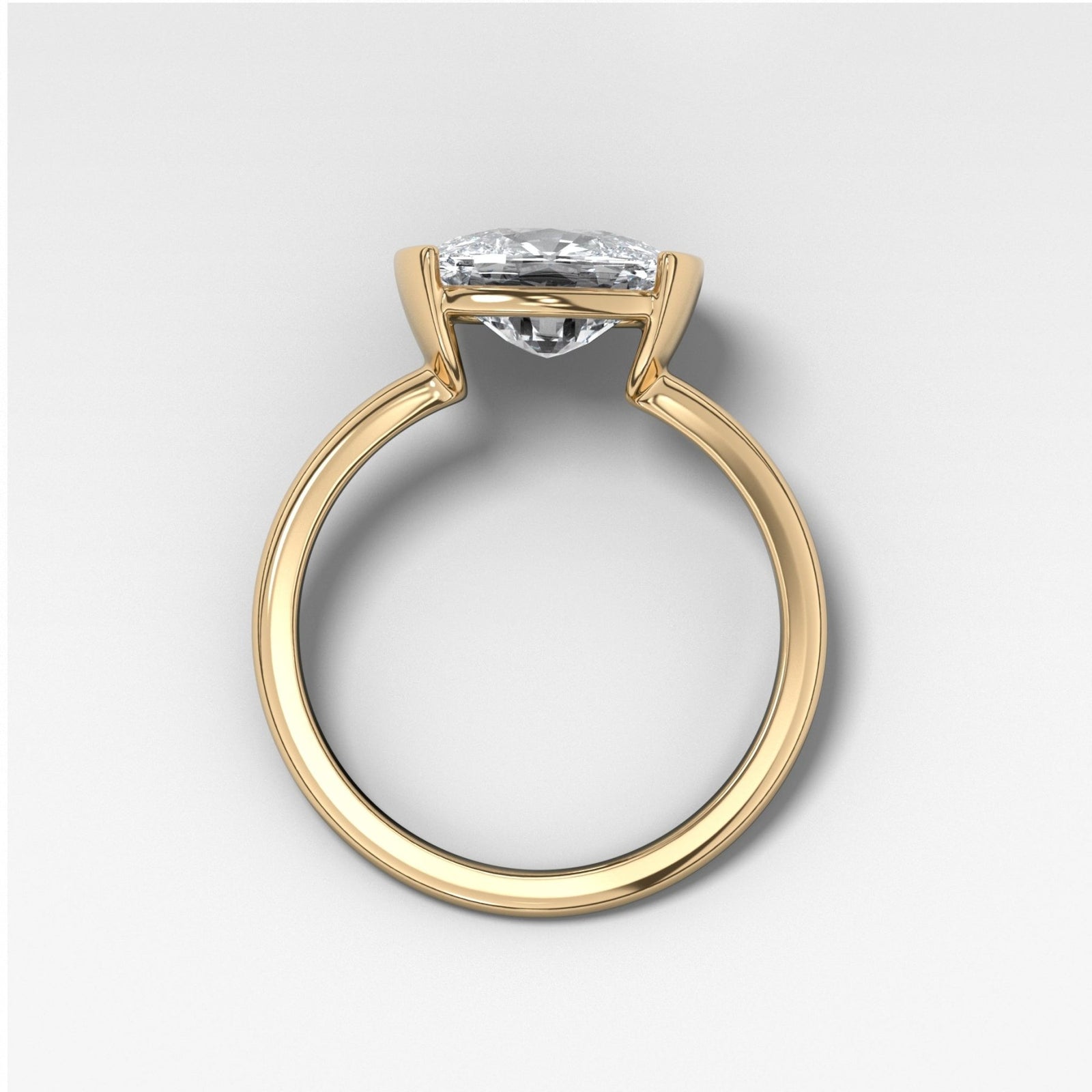 East West Half Bezel Solitaire Engagement Ring With Elongated Cushion Cut Diamond - GOODSTONE
