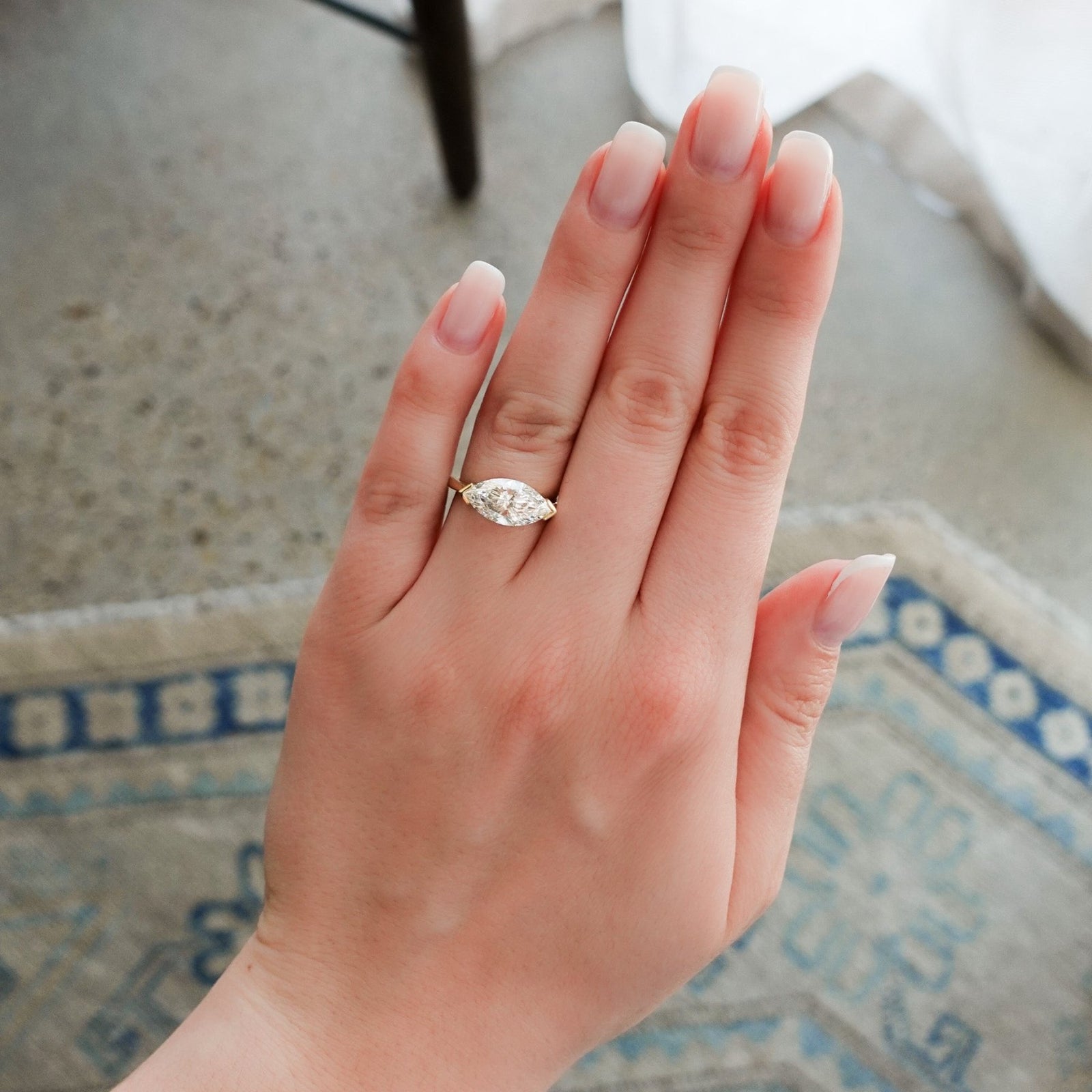 East West Half Bezel Solitaire Engagement Ring with Lab Grown 2.95ct Marquise Cut Diamond - GOODSTONE