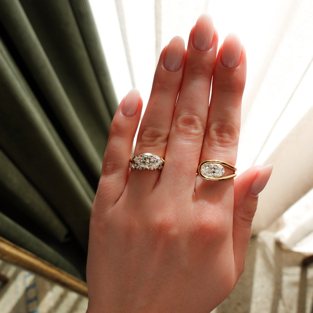 East West Half Bezel Solitaire Engagement Ring With Marquise Cut Diamond - GOODSTONE