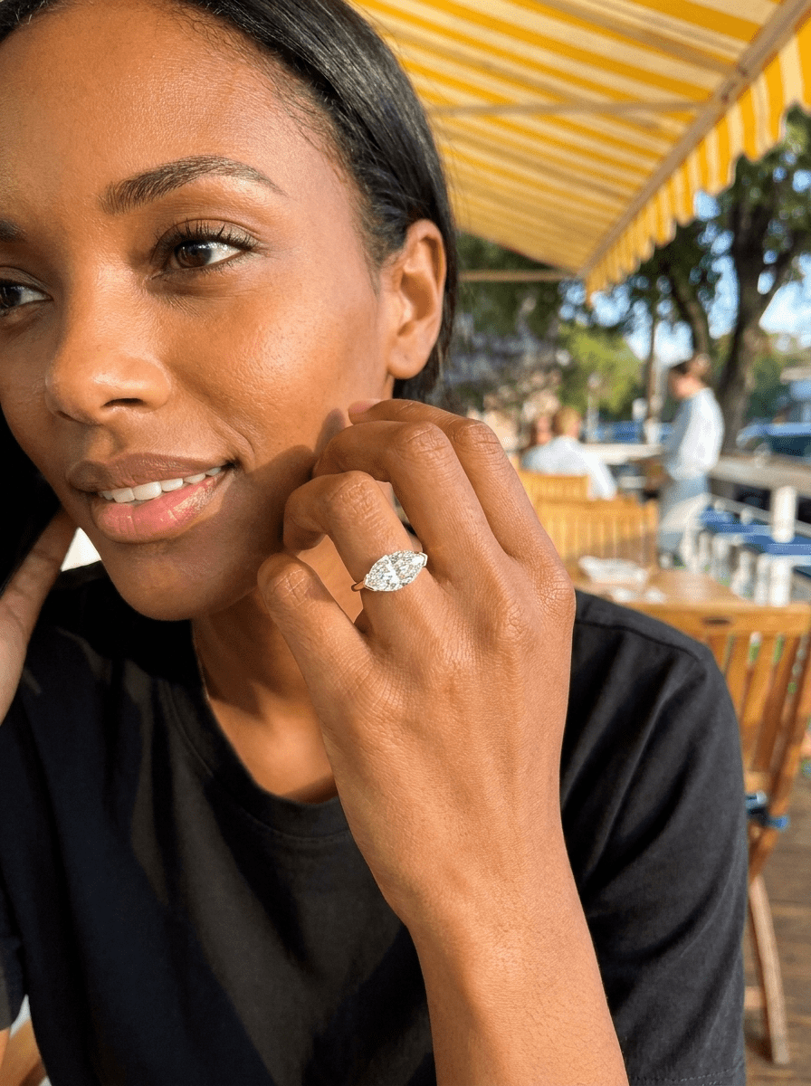 East West Half Bezel Solitaire Engagement Ring With Marquise Cut Diamond - GOODSTONE