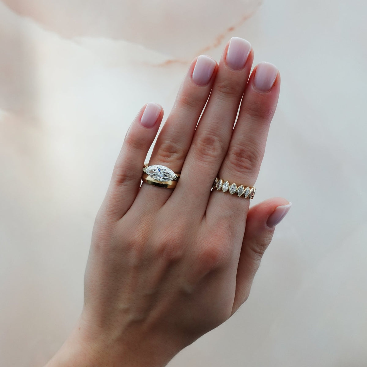 East West Half Bezel Solitaire Engagement Ring With Marquise Cut Diamond - GOODSTONE