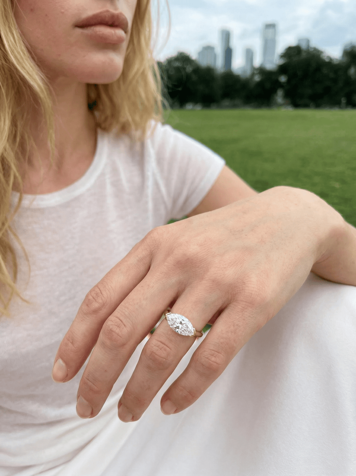 East West Half Bezel Solitaire Engagement Ring With Marquise Cut Diamond - GOODSTONE