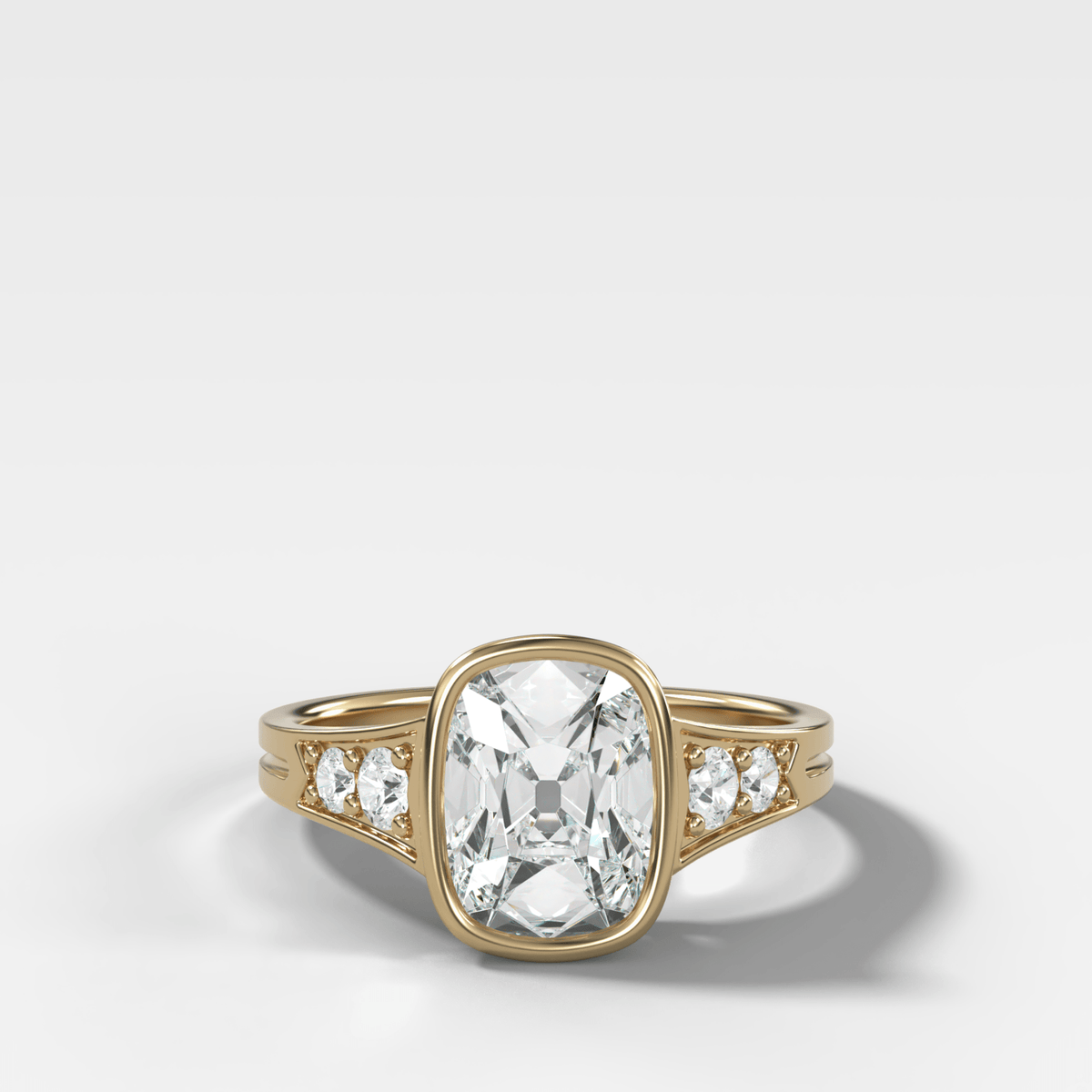 Elongated Old Mine Bezel Engagement Ring with a Tapered Band - GOODSTONE