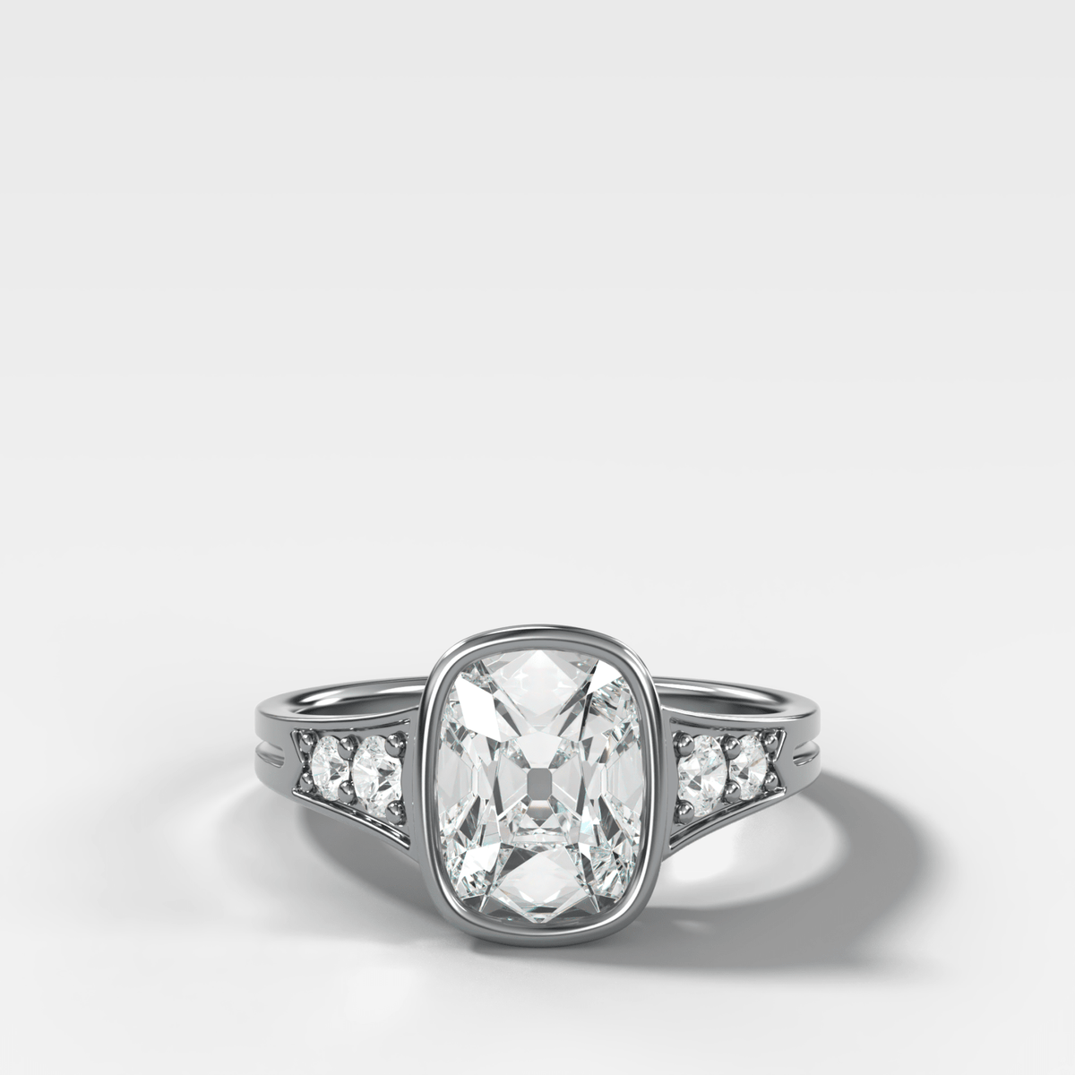Elongated Old Mine Bezel Engagement Ring with a Tapered Band - GOODSTONE