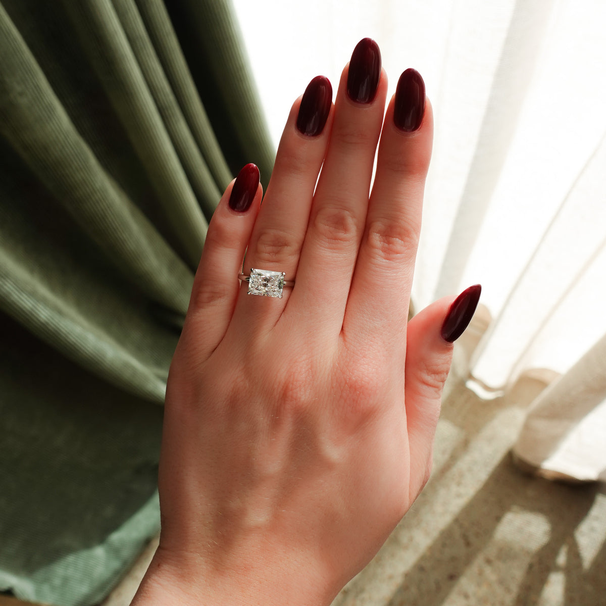 Crescent Solitaire Engagement Ring With Elongated Radiant Cut Diamond (East West)