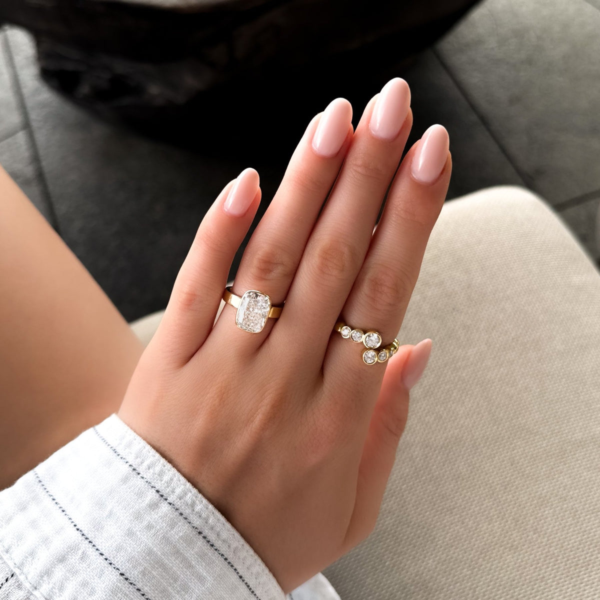 Finest Bezel Set Engagement Ring With Elongated Cushion Cut Diamond - GOODSTONE