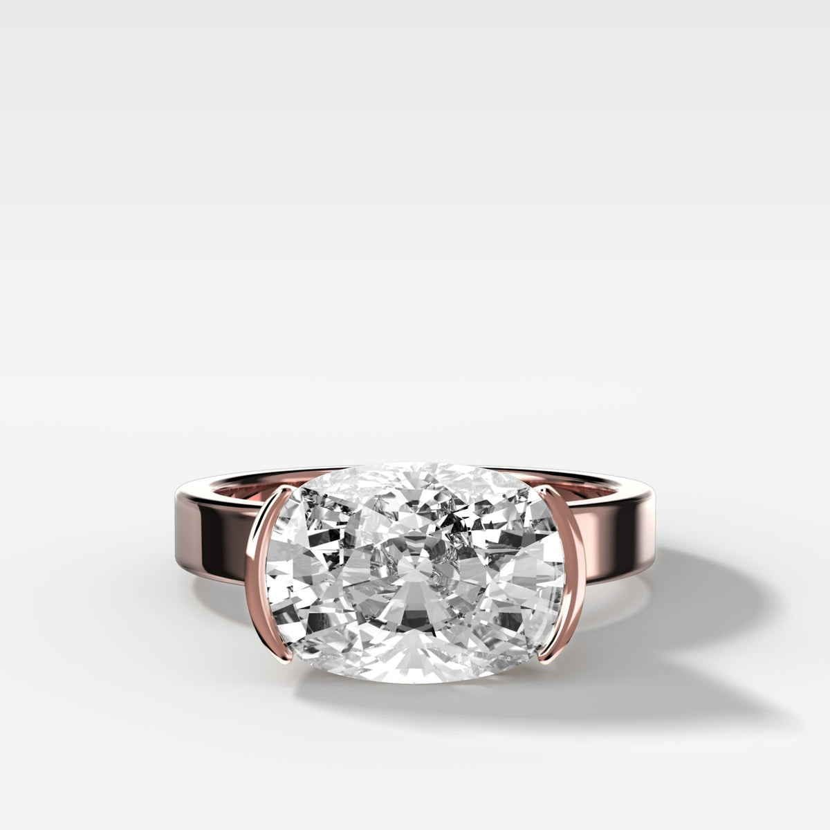 Finest Half Bezel Solitaire Engagement Ring With East West Elongated Cushion Cut Diamond - GOODSTONE
