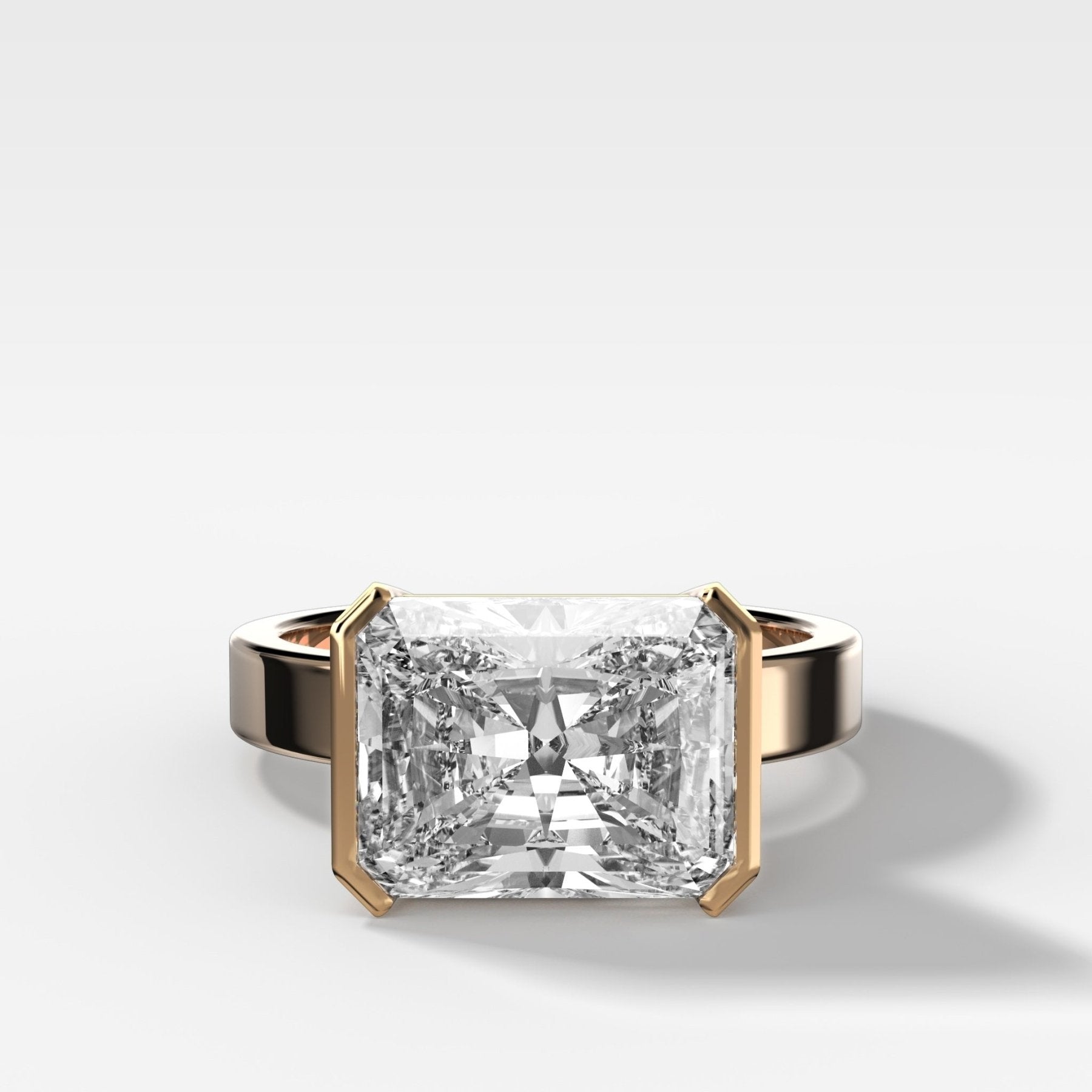 Finest Half Bezel Solitaire Engagement Ring With East West Elongated Radiant Cut Diamond - GOODSTONE