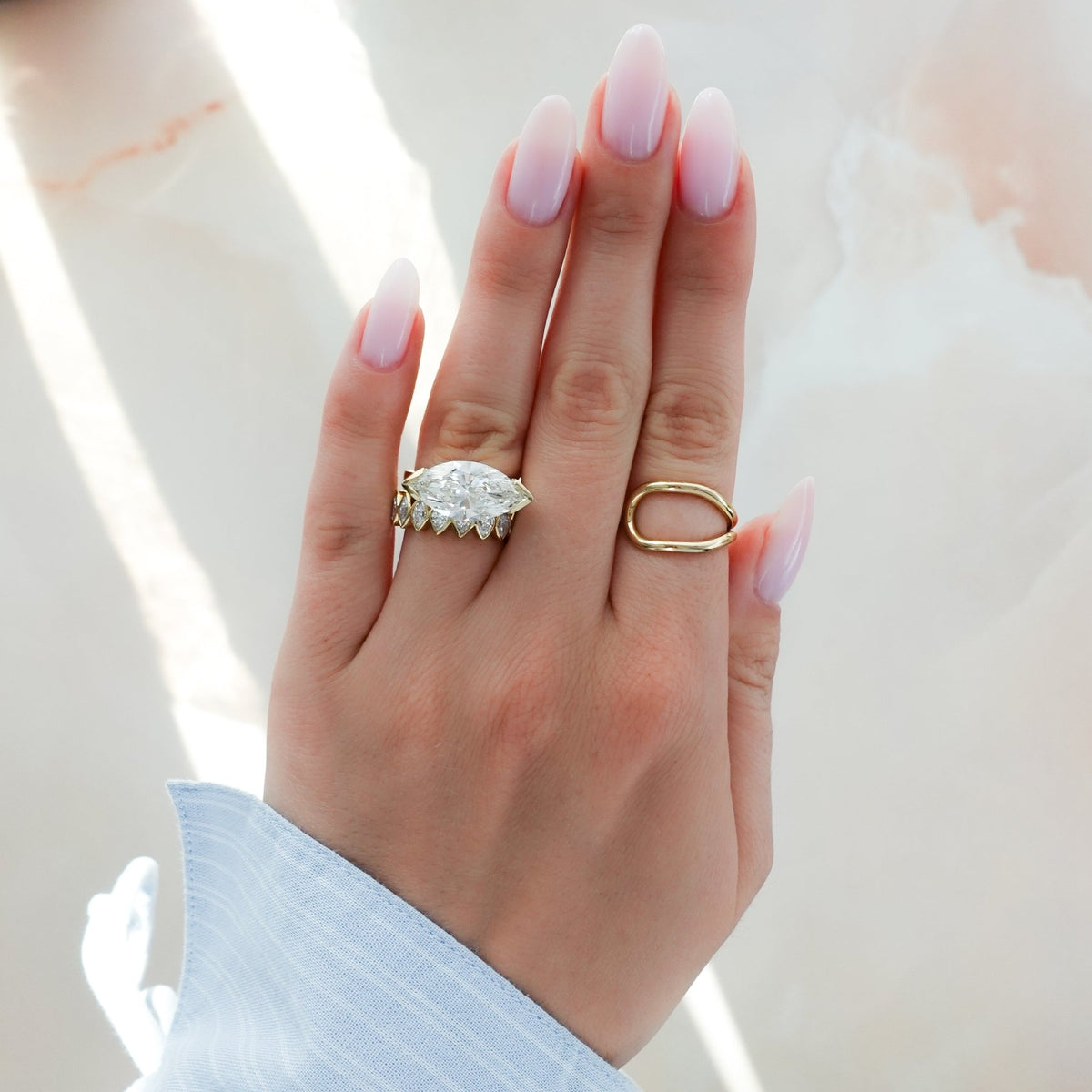 Finest Half Bezel Solitaire Engagement Ring With East West Marquise Cut Diamond - GOODSTONE