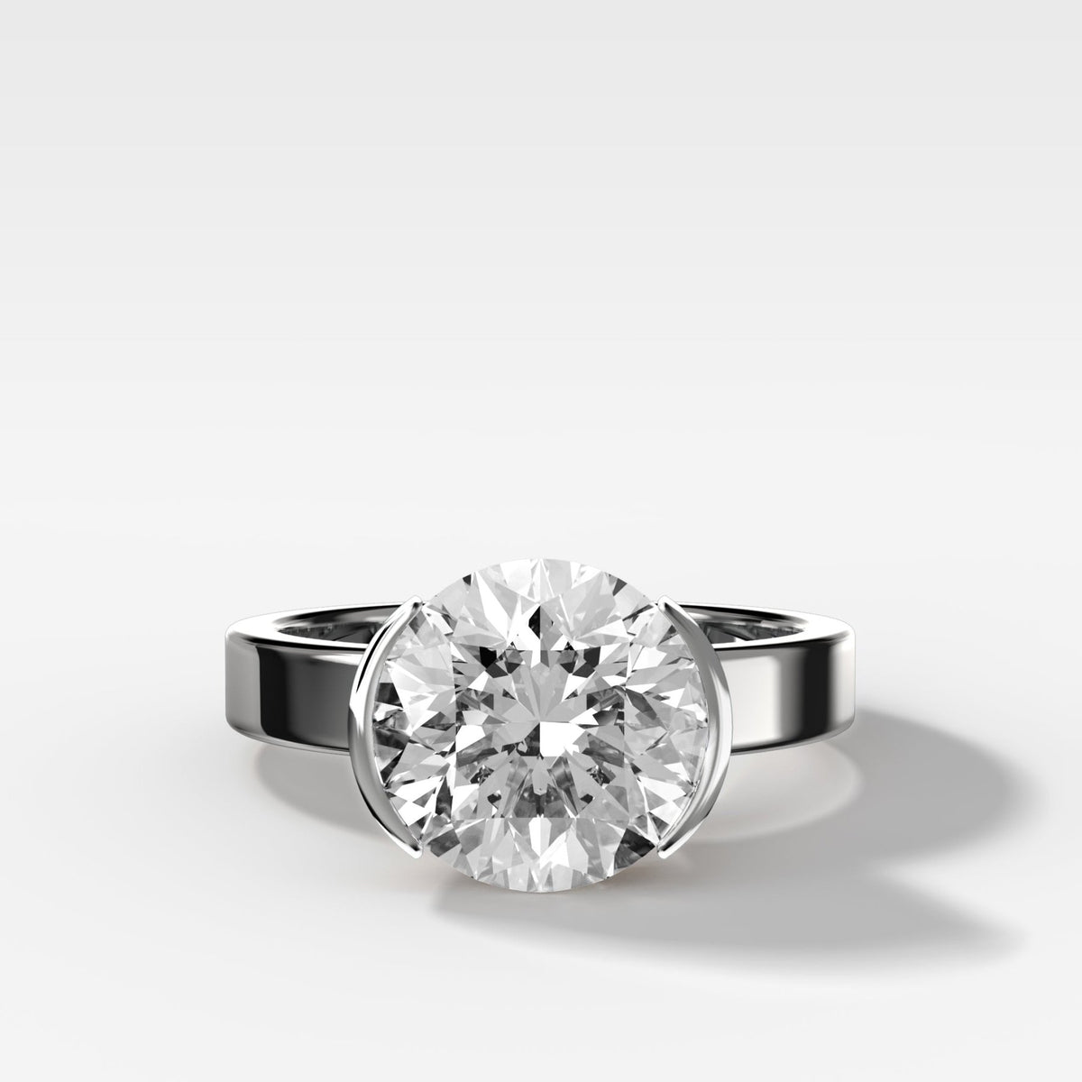 Finest Half Bezel Solitaire Engagement Ring With Round Cut Diamond - GOODSTONE