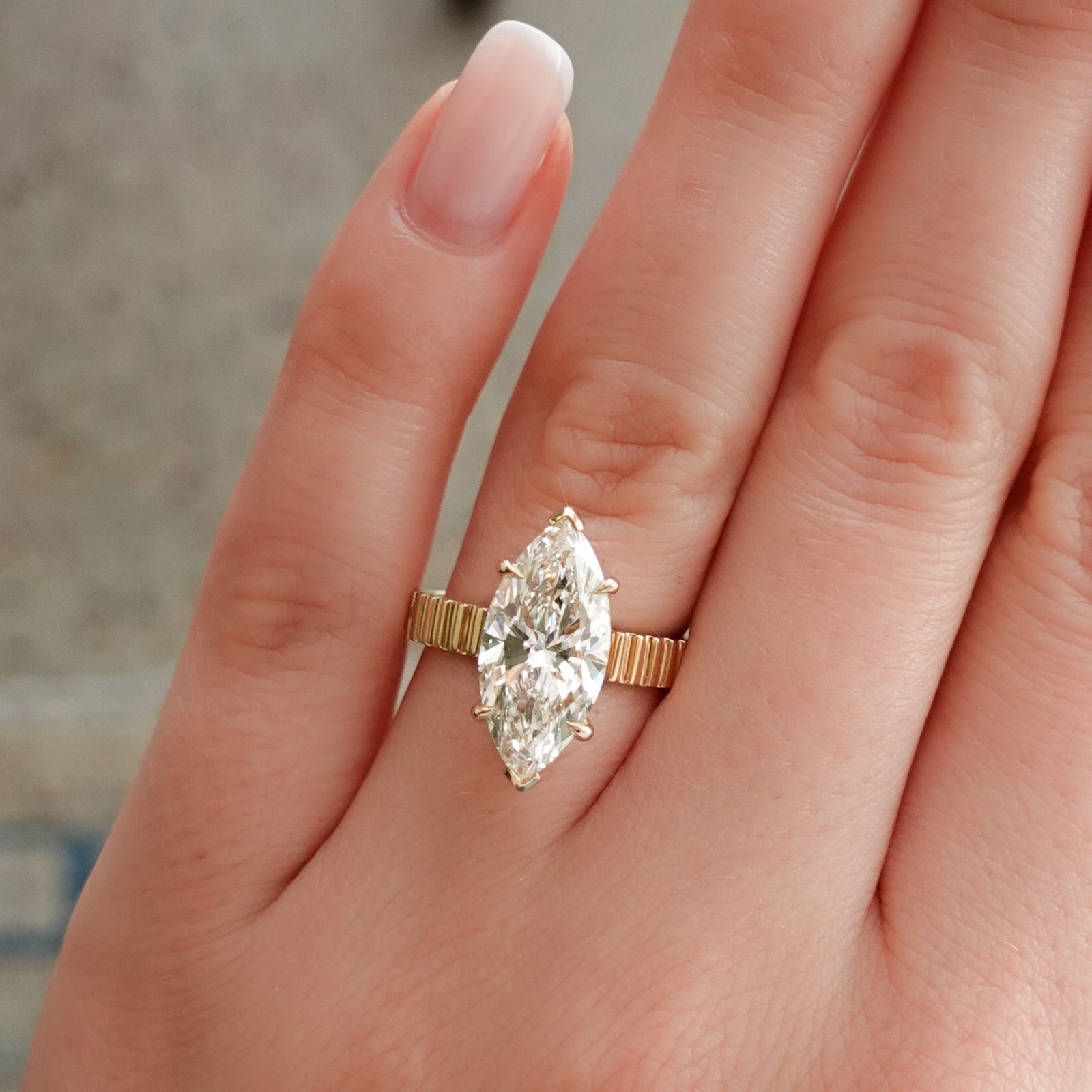 Finest Ridged Engagement Ring set with 4.02ct Lab Grown Marquise Cut Diamond - GOODSTONE