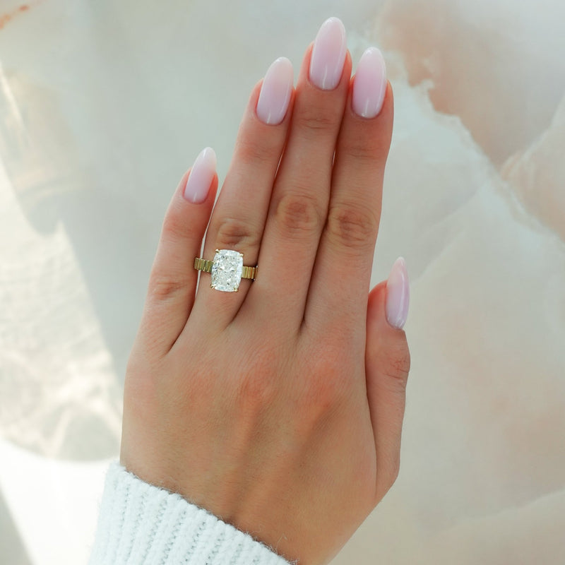 Finest Ridged Solitaire Engagement Ring With Elongated Cushion Cut Dia