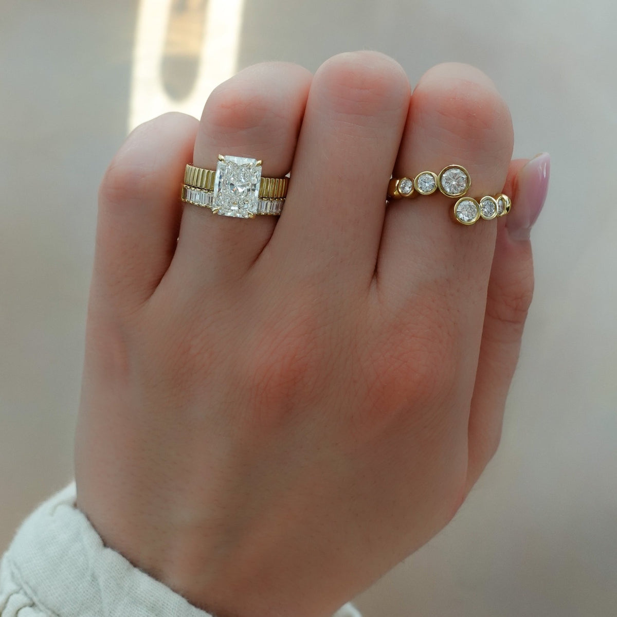 Finest Ridged Solitaire Engagement Ring With Elongated Radiant Cut Diamond - GOODSTONE