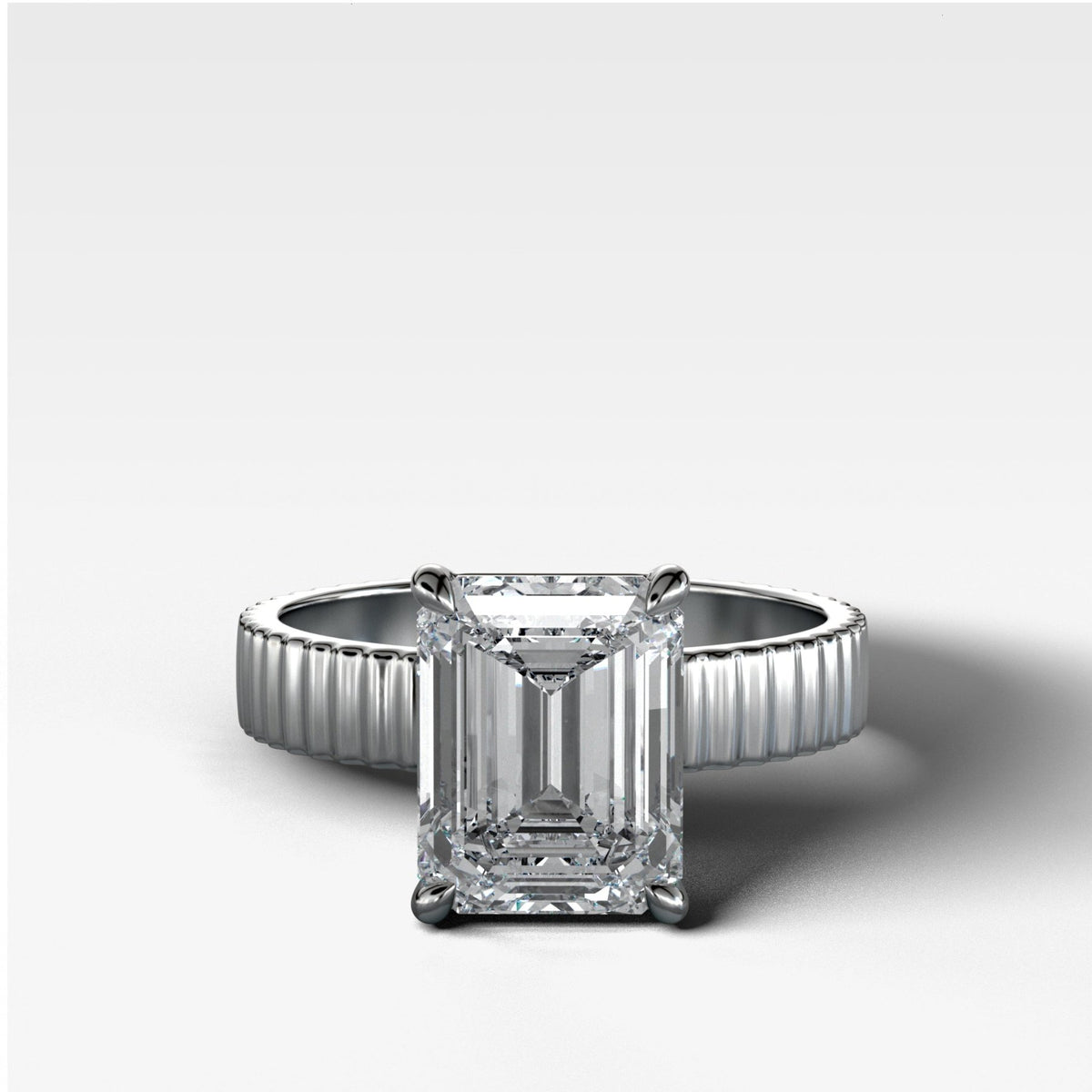 Finest Ridged Solitaire Engagement Ring With Emerald Cut Diamond - GOODSTONE