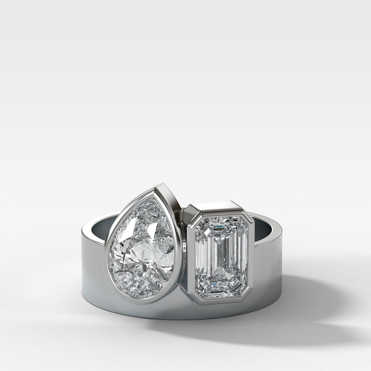 Finest Toi et Moi Bezel Engagement Ring with Pear and Emerald Cuts - GOODSTONE