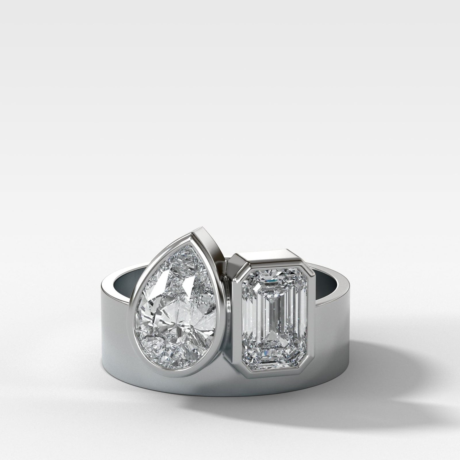 Finest Toi et Moi Bezel Engagement Ring with Pear and Emerald Cuts - GOODSTONE