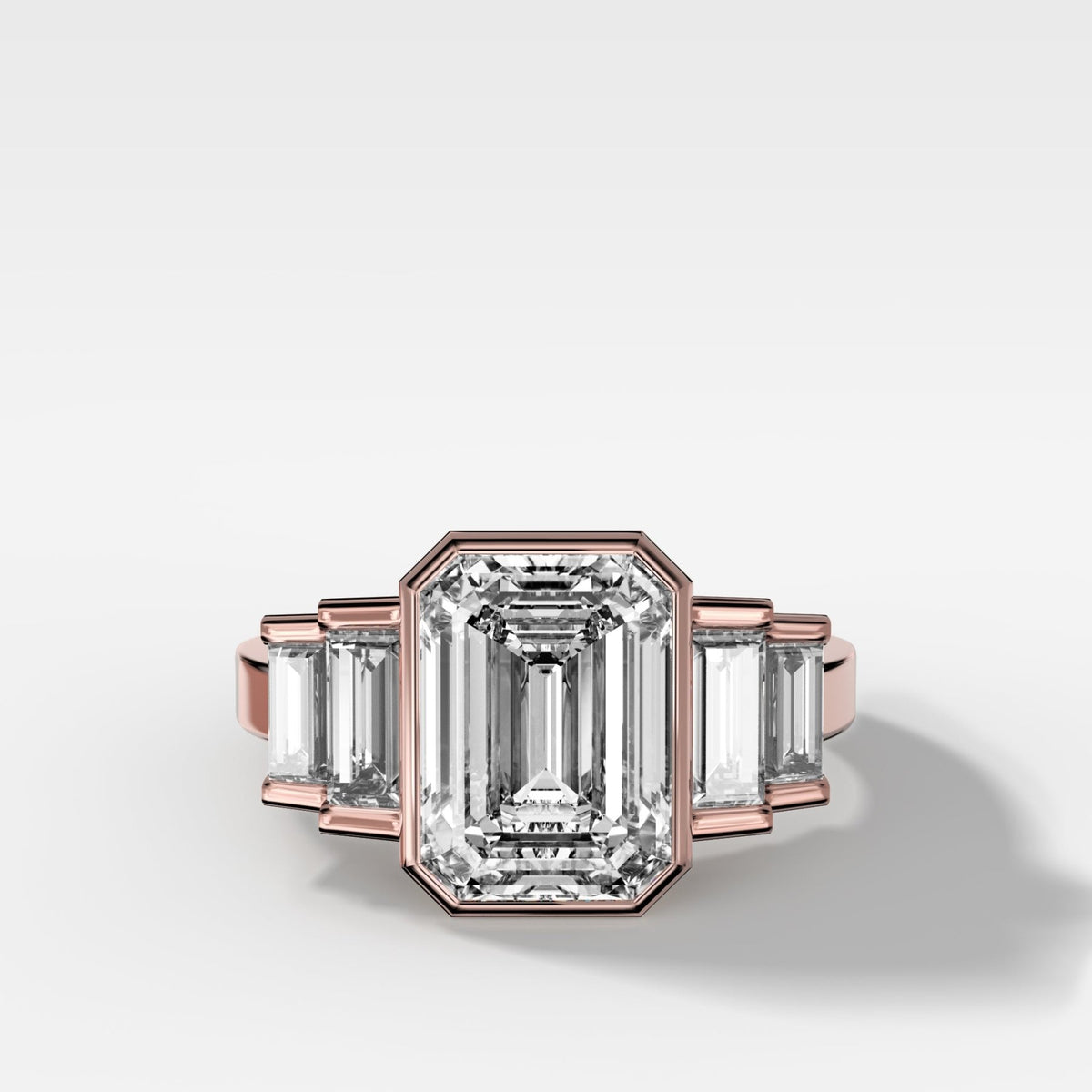 Five Stone Engagement Ring with Half Bezel Baguette Side Stones and Bezel Set Emerald Cut Diamond - GOODSTONE