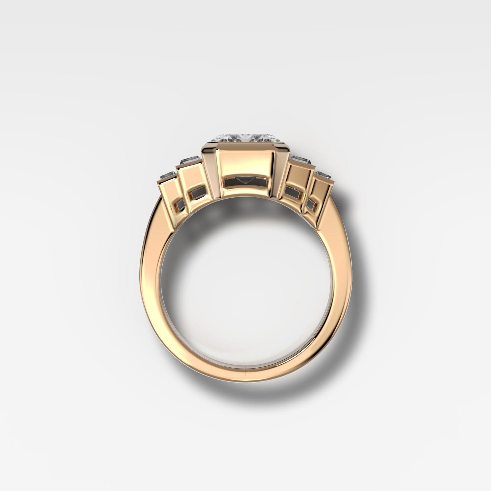 Five Stone Engagement Ring with Half Bezel Baguette Side Stones and Bezel Set Emerald Cut Diamond - GOODSTONE