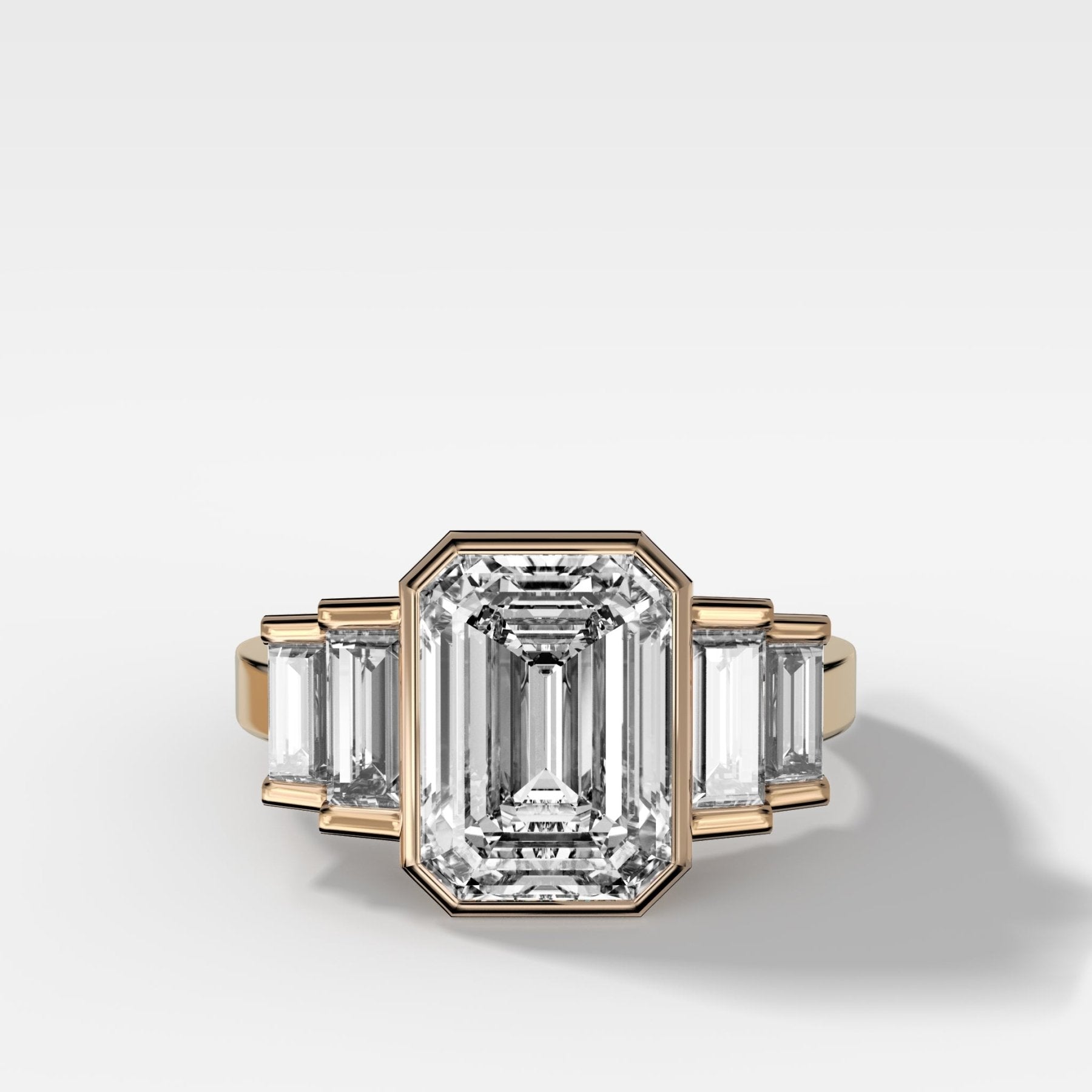 Five Stone Engagement Ring with Half Bezel Baguette Side Stones and Bezel Set Emerald Cut Diamond - GOODSTONE