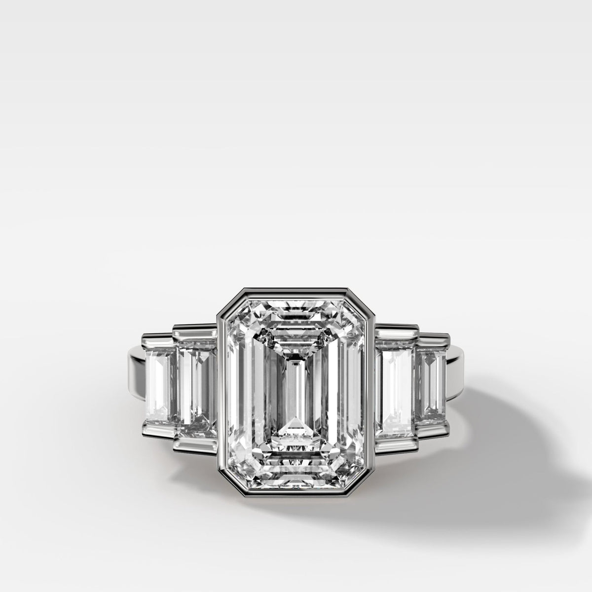 Five Stone Engagement Ring with Half Bezel Baguette Side Stones and Bezel Set Emerald Cut Diamond - GOODSTONE
