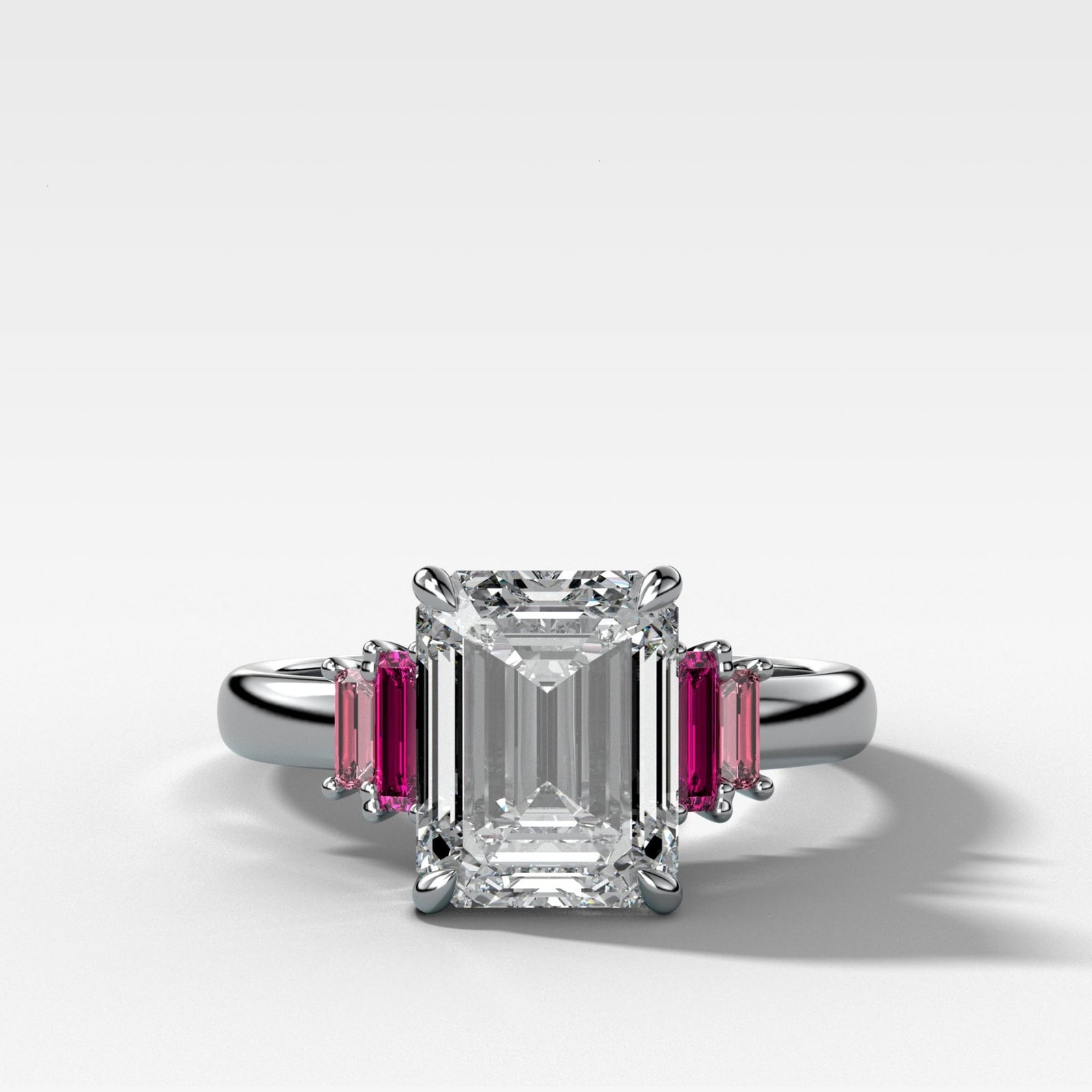 Five Stone Engagement Ring with Ruby and Pink Sapphire Baguette Side Stones and Emerald Cut Diamond - GOODSTONE