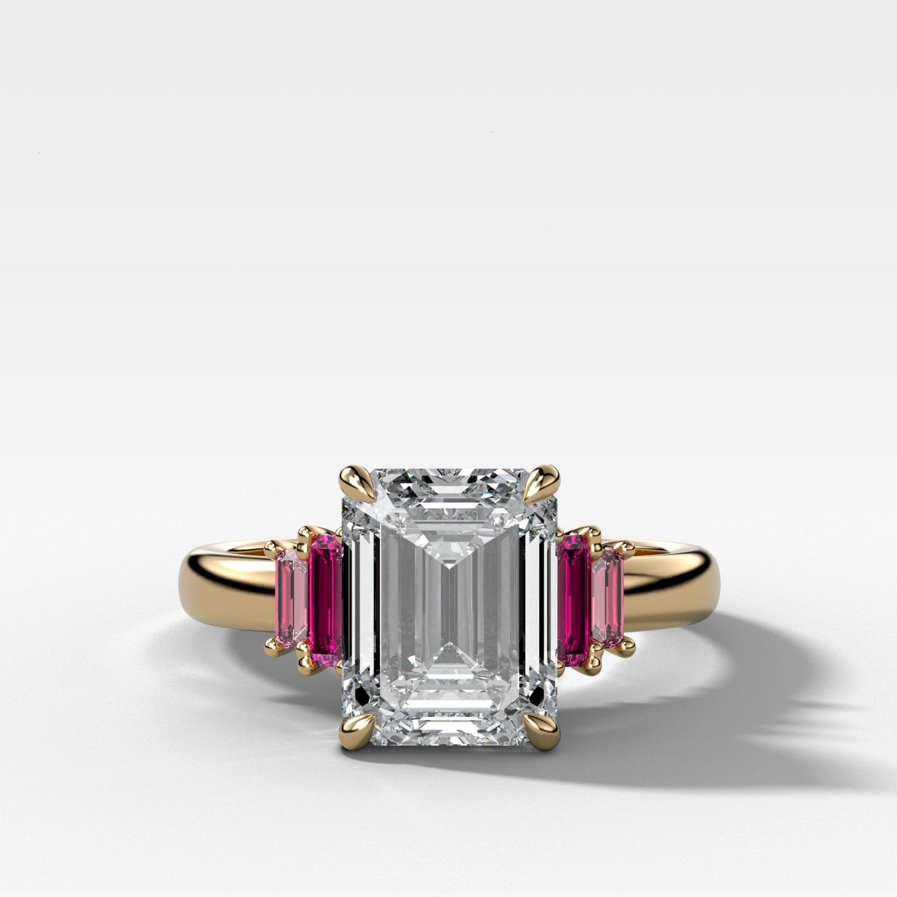 Five Stone Engagement Ring with Ruby and Pink Sapphire Baguette Side Stones and Emerald Cut Diamond - GOODSTONE