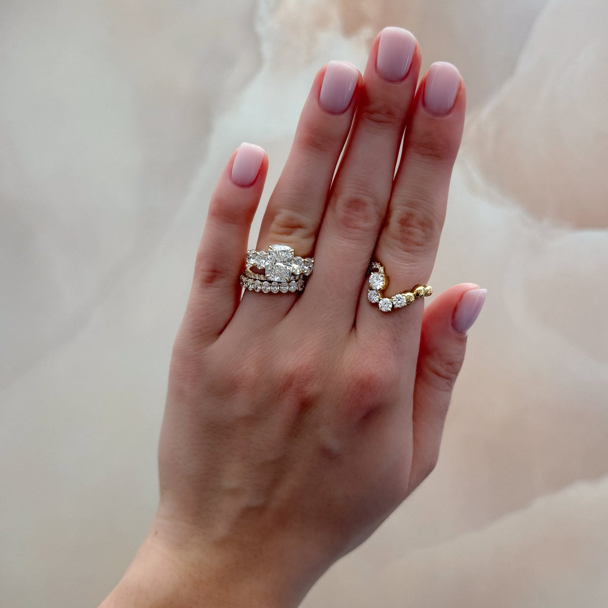 Five Stone Oval Engagement Ring With Elongated Cushion Cut Diamond - GOODSTONE