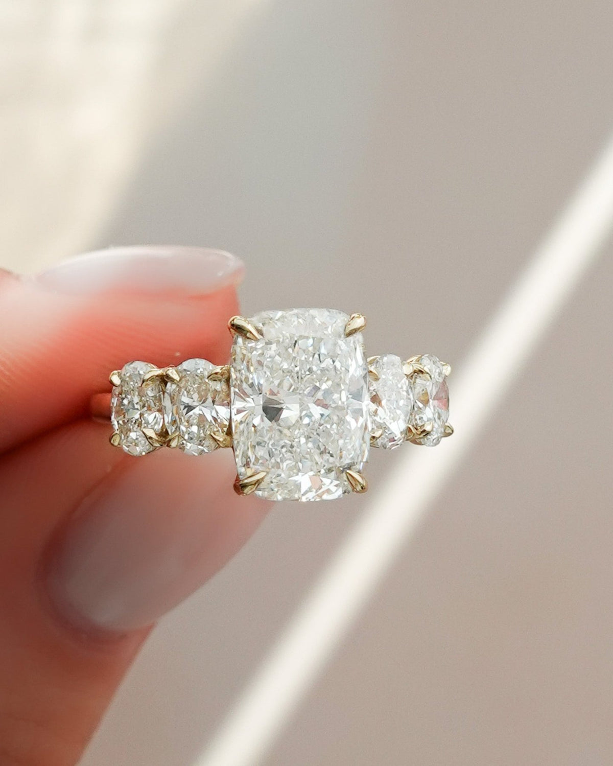 Five Stone Oval Engagement Ring With Elongated Cushion Cut Diamond - GOODSTONE