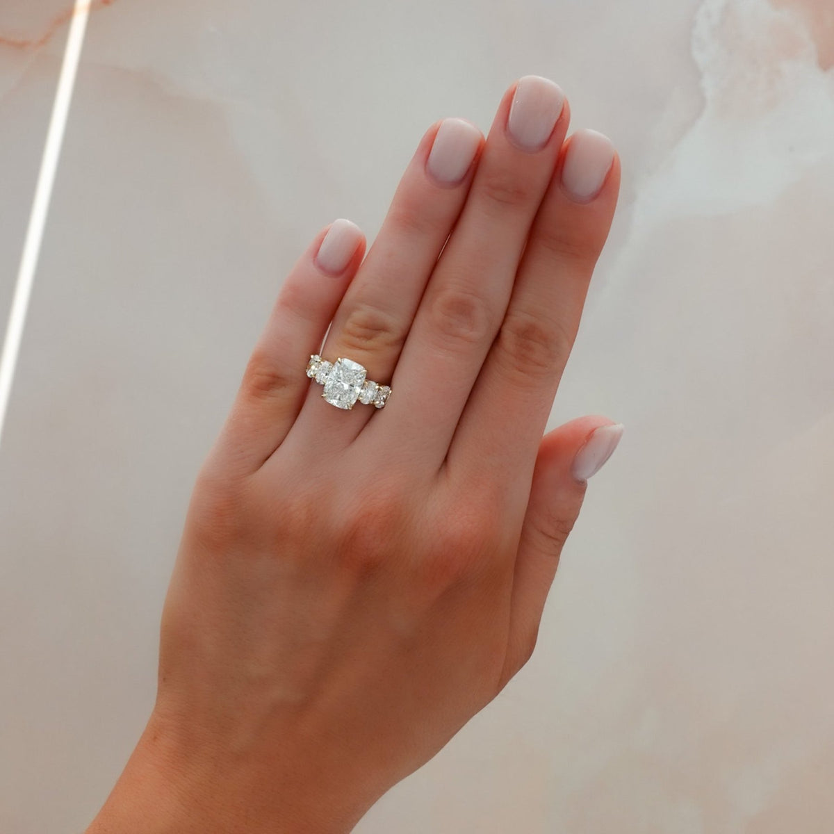 Five Stone Oval Engagement Ring With Elongated Cushion Cut Diamond - GOODSTONE