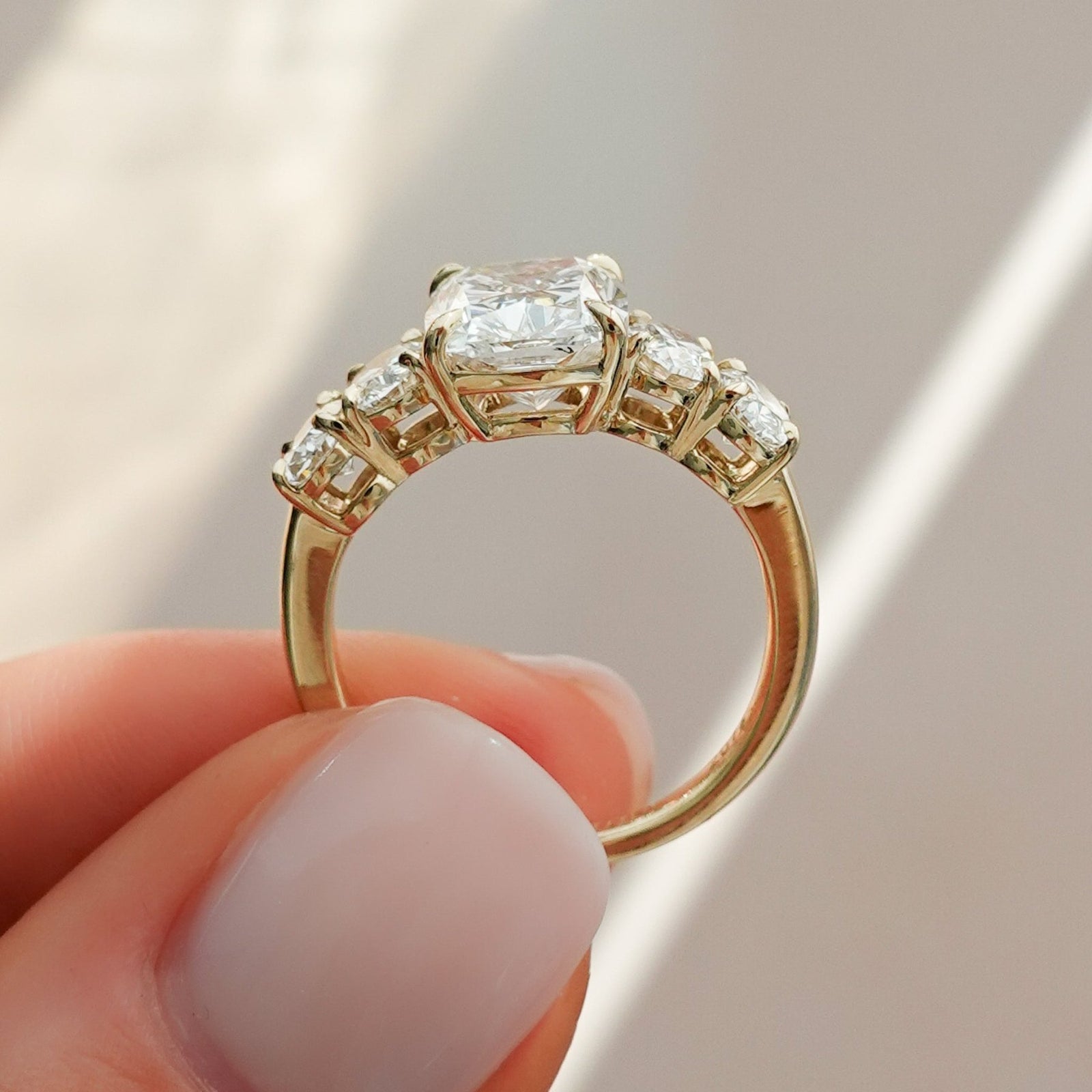 Five Stone Oval Engagement Ring With Elongated Cushion Cut Diamond - GOODSTONE