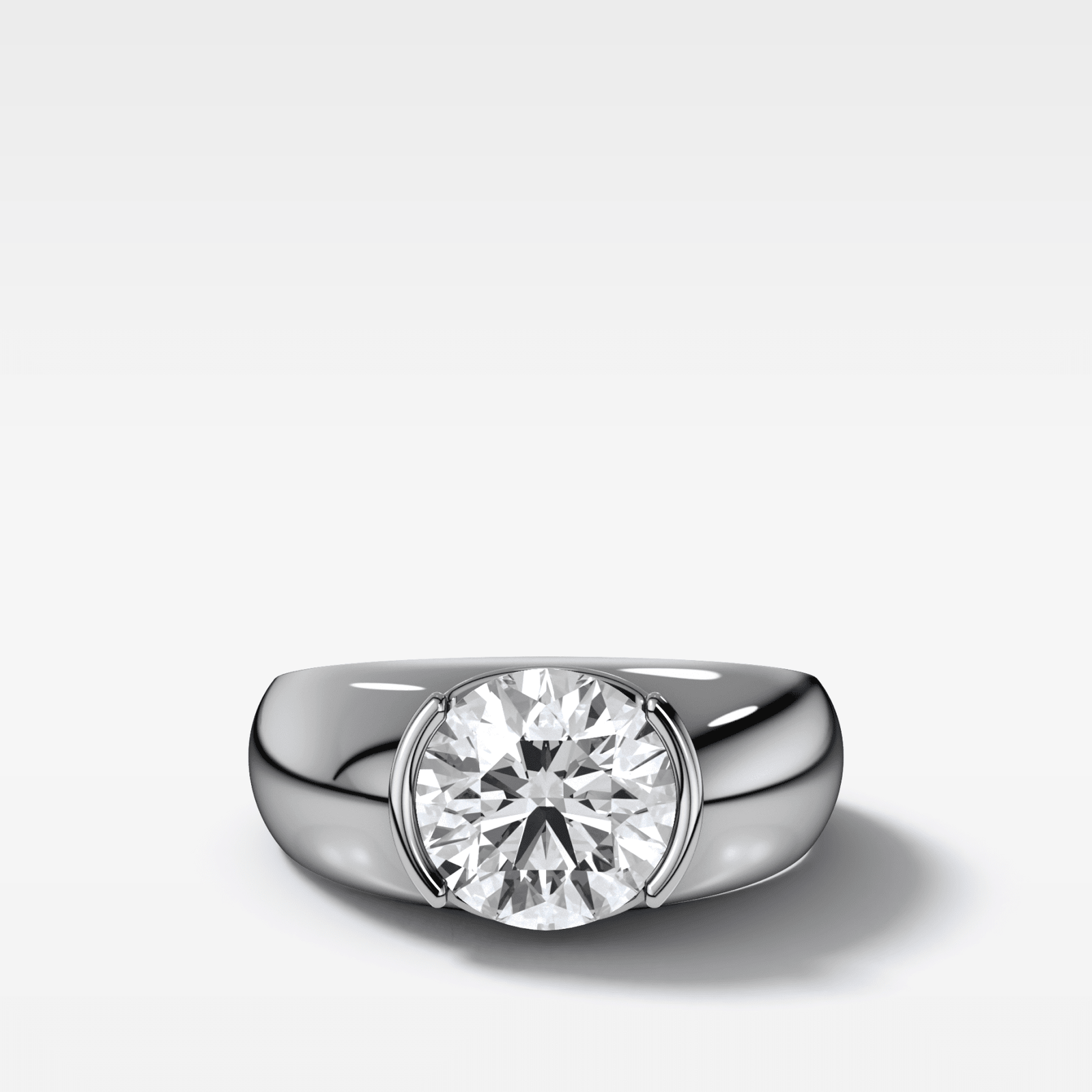 Half Bezel Dome Engagement Ring with Round Cut Diamond - GOODSTONE