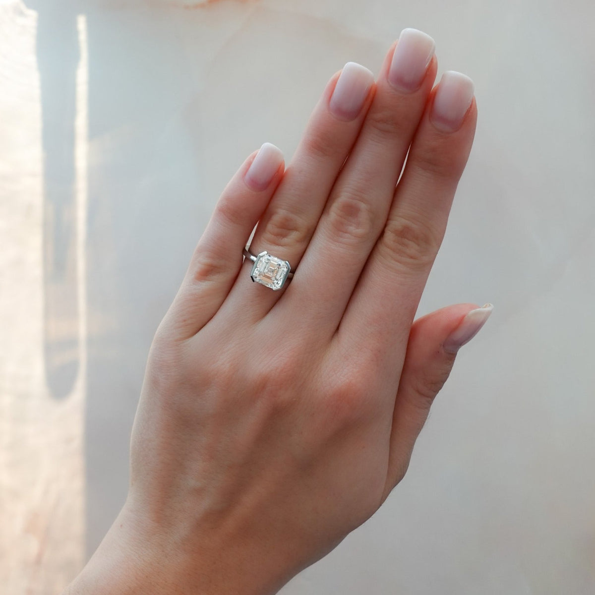 Half Bezel Solitaire Engagement Ring With Asscher Cut Diamond - GOODSTONE