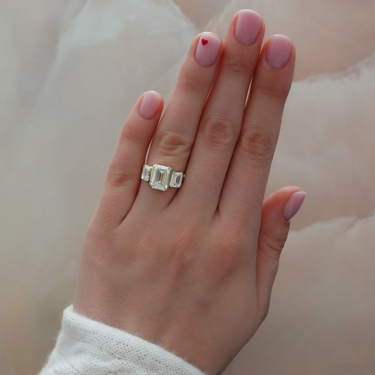 Half Bezel Triad Engagement Ring With Emerald Cut Diamonds - GOODSTONE