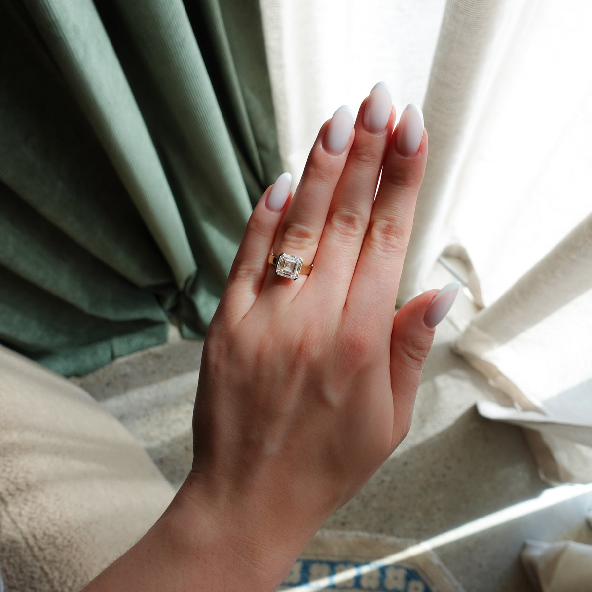 Finest Half Bezel Solitaire Engagement Ring With Asscher Cut Diamond