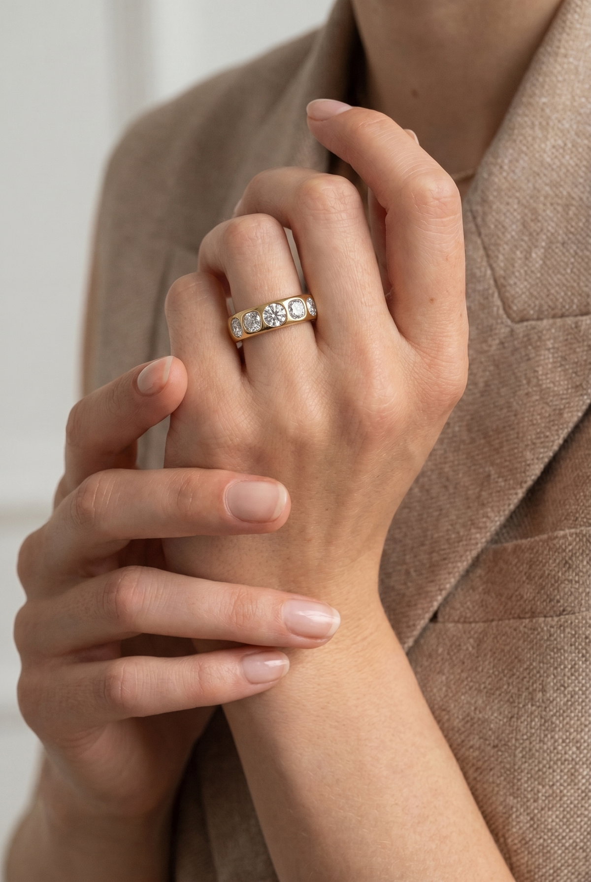 Chunky Burnished Five Stone Wedding Band with with Alternating Round and Cushion Cut Diamonds