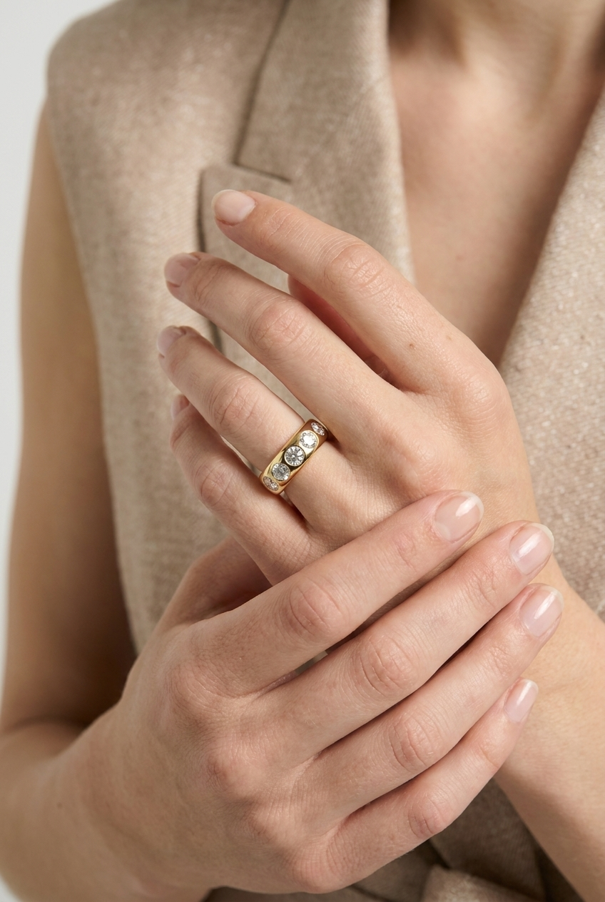Chunky Burnished Five Stone Wedding Band with Round Cut Diamonds