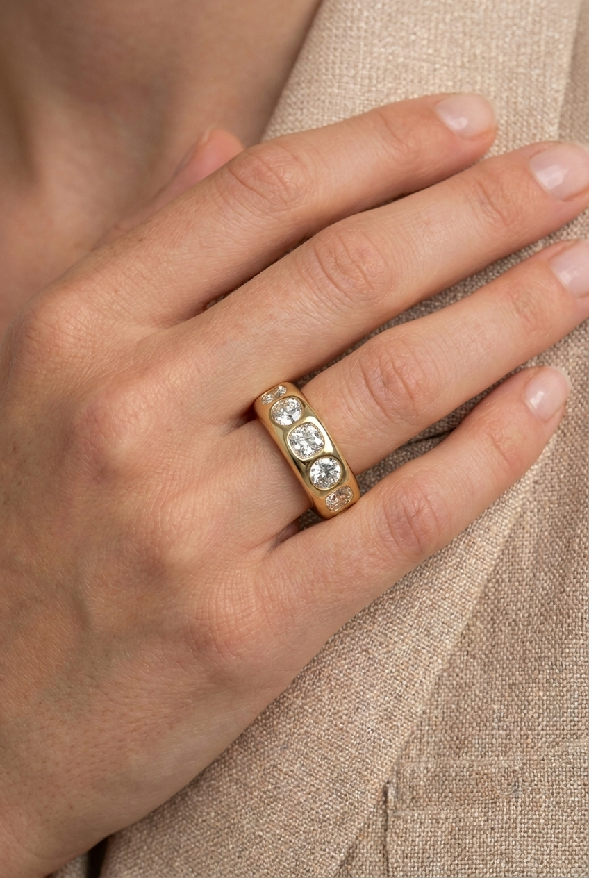 Chunky Burnished Five Stone Wedding Band with with Alternating Cushion and Round Cut Diamonds
