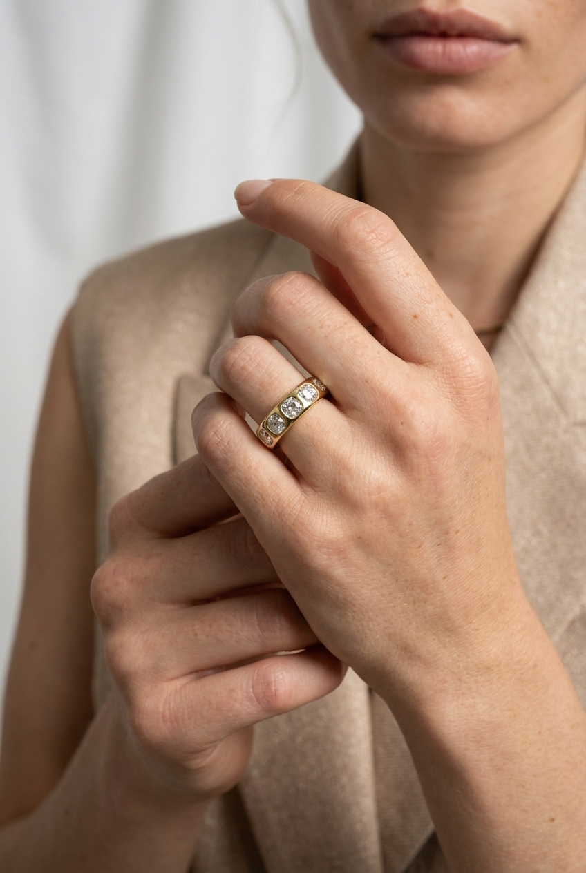 Chunky Burnished Five Stone Wedding Band with Cushion Cut Diamonds
