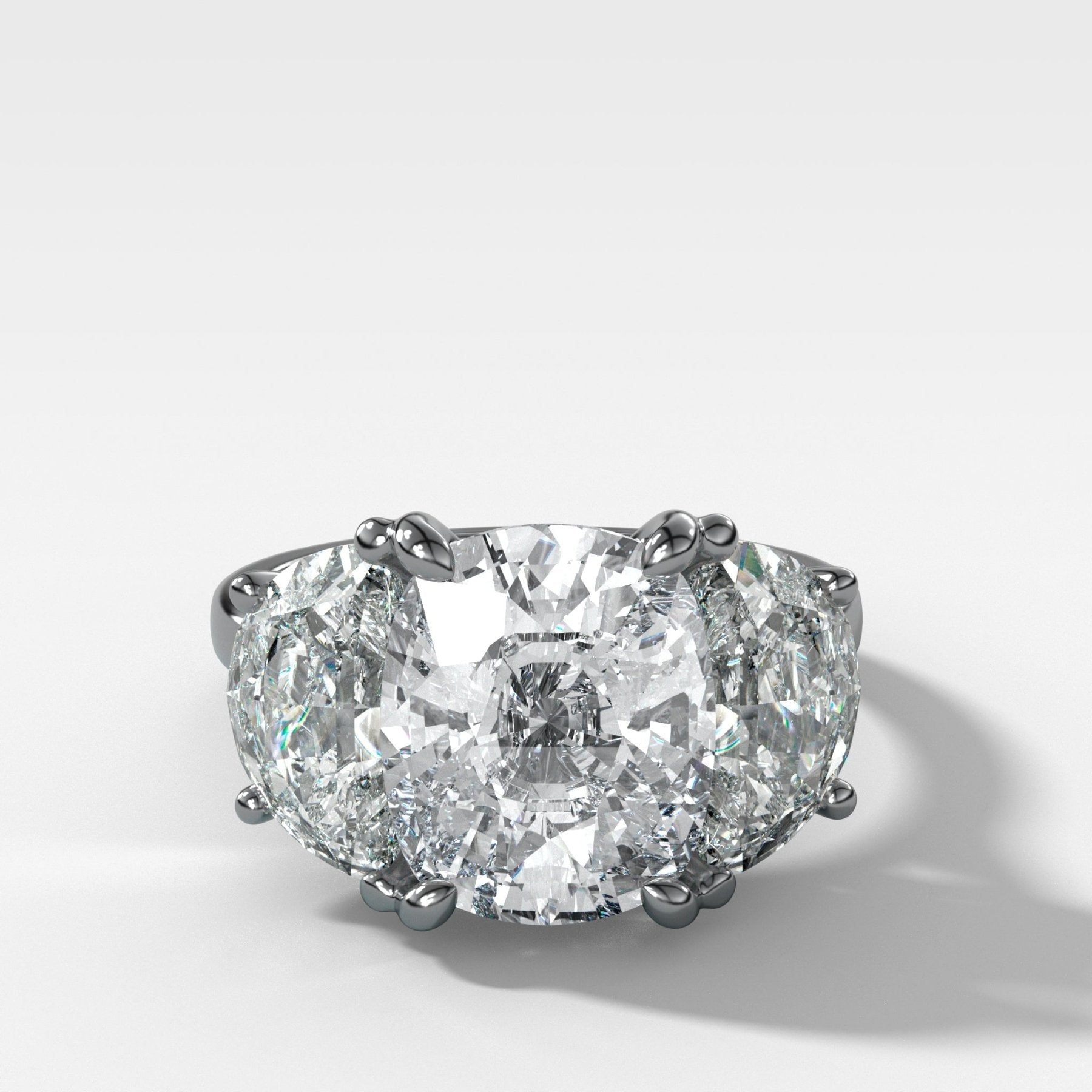 Jumbo Three Stone ring with Half Moon sides & an Elongated Cushion Cut - GOODSTONE