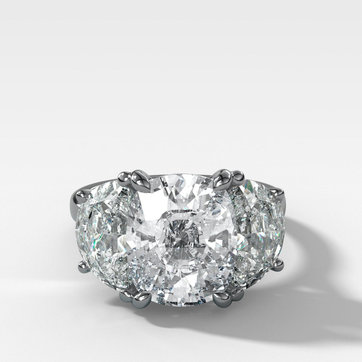 Jumbo Three Stone ring with Half Moon sides & an Elongated Cushion Cut - GOODSTONE