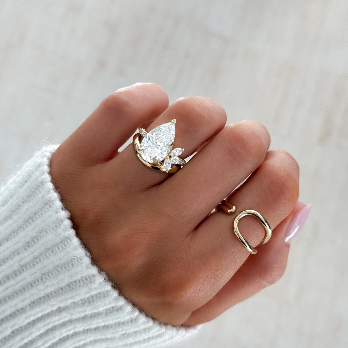 Lotus Triple Row Pavé Engagement Ring With Pear Cut Diamond - GOODSTONE